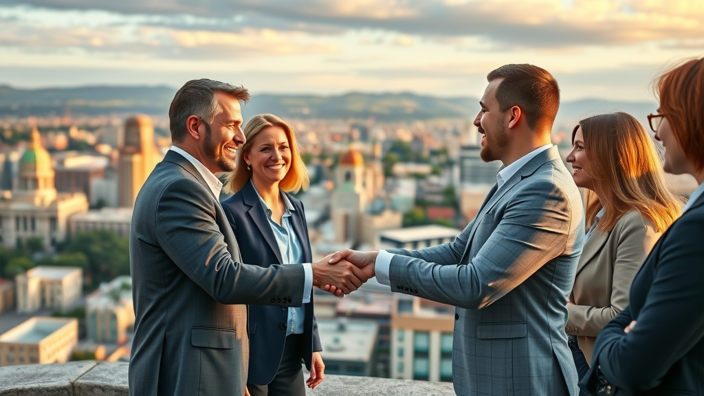 Dynamic Sacramento cityscape with confident business owners networking for local backlinks