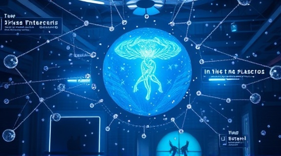 interactive digital engagement, explorative, navigating a digital universe, photorealistic, immersive VR space with interconnected nodes, highly detailed, floating particle effects, crystal clarity, contrasting shadows, dynamic LED lighting, shot with a 35mm lens.