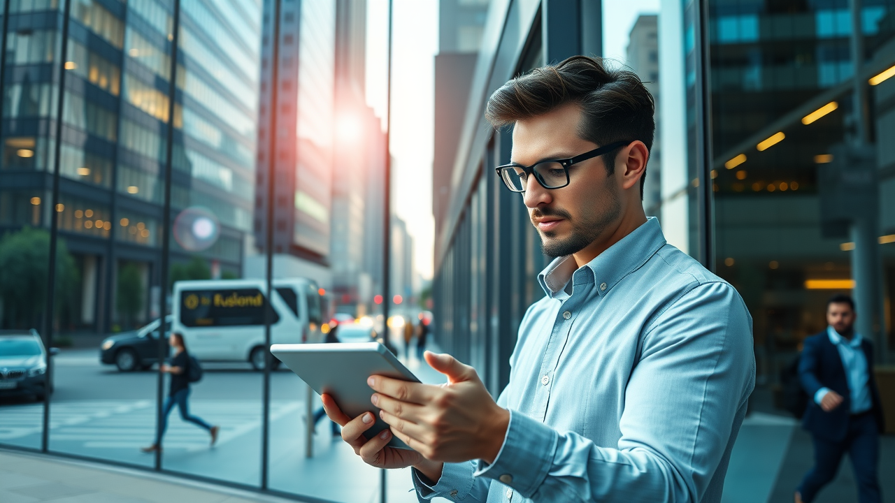 Man looking at tablet with a glass window and and active Sacramento hustle in the day