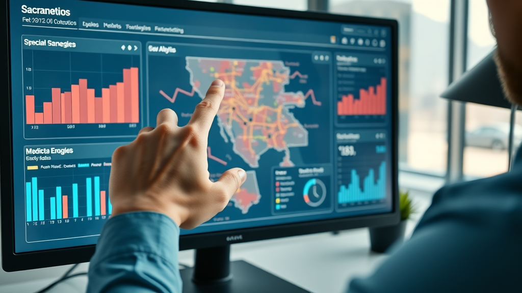 modern analytics dashboard Sacramento map overlay, search engine optimization tracking for Sacramento businesses in map pack without ads