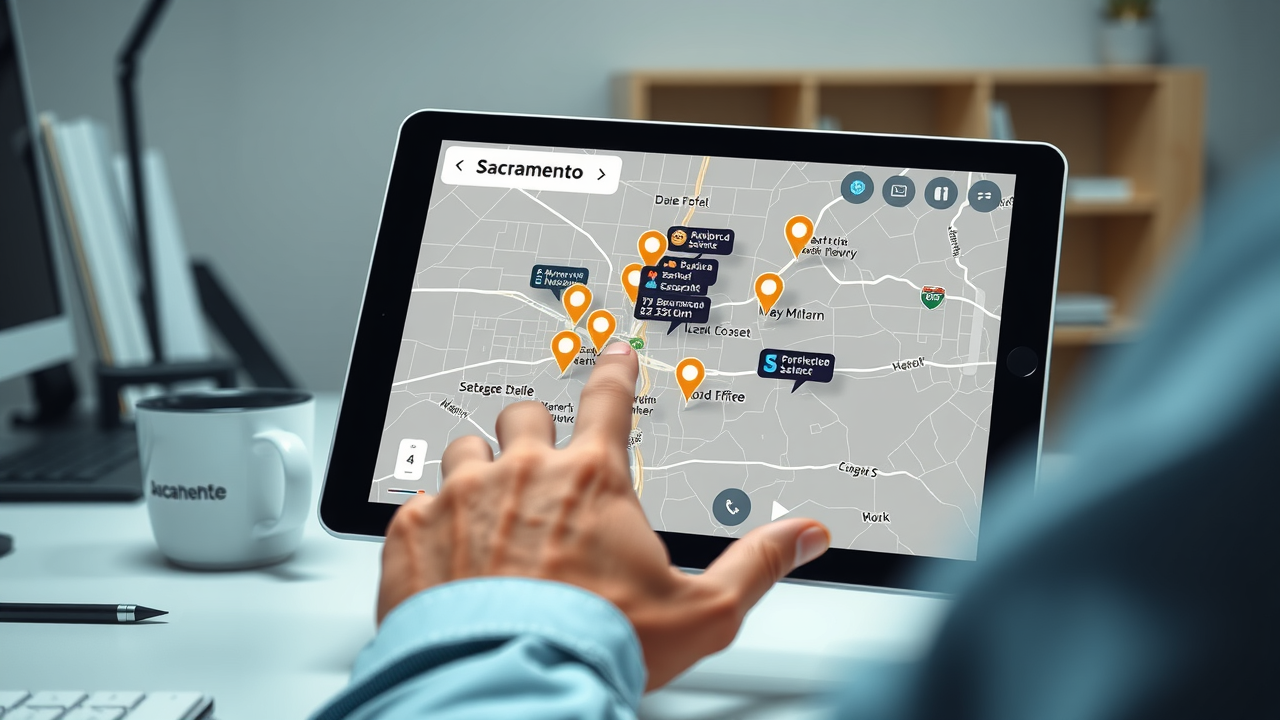 modern digital map interface displaying Sacramento with local business pins, Google map, local seo, business profile for Sacramento businesses in map pack without ads