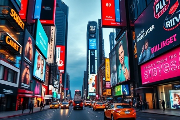 dynamic digital advertising, vibrant, launching, photorealistic, bustling cityscape with digital signage, highly detailed, active digital motion and light trails, panoramic, bold contrasts, neon lighting, shot with a 16mm lens.