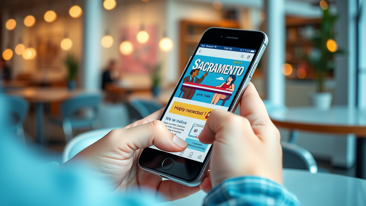 mobile phone displaying Sacramento business website, mobile-first web design for map pack, local SEO for Sacramento businesses in map pack without ads