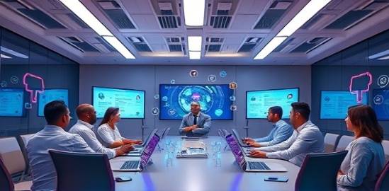 innovative digital marketing, thoughtful, brainstorming, photorealistic, tech-focused conference room with laptops, highly detailed, virtual screens and idea bubbles, medium shot, bright pastels, fluorescent overhead lighting, shot with a 85mm lens.