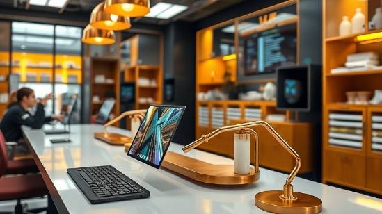 sleek digital branding, innovative, reshaping digital media strategies in Tracy photorealistic, cutting-edge design lab with 3D branding tools, highly detailed, design elements and vibrant colors, wide angle, gold accents, reflective lighting, shot with a 28mm lens.
