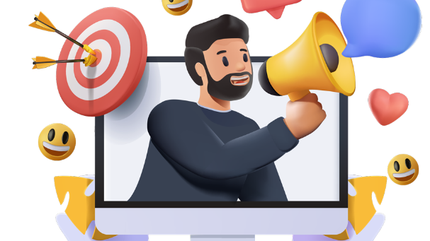 Man on megaphone with icons flying around shouting 