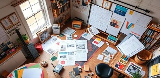 creative digital media strategies , inspired, mapping out, photorealistic, eclectic studio with vision boards, highly detailed, scattered creative materials and sketches, bird's eye view, rich hues, diffused window light, shot with a 24mm lens.