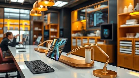 sleek digital branding, innovative, reshaping digital media strategies in Tracy  photorealistic, cutting-edge design lab with 3D branding tools, highly detailed, design elements and vibrant colors, wide angle, gold accents, reflective lighting, shot with a 28mm lens.