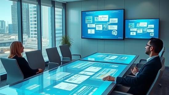 innovative digital media strategies in Tracy, savvy, advising, photorealistic, modern meeting room with touchscreen tables, highly detailed, virtual diagrams and slides, medium perspective, soft pastels, ambient lighting, shot with a 50mm lens.
