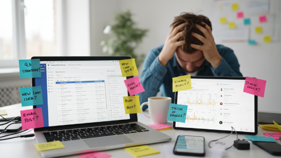 Photorealistic close-up of a busy workspace illustrating multitasking and mental overload.