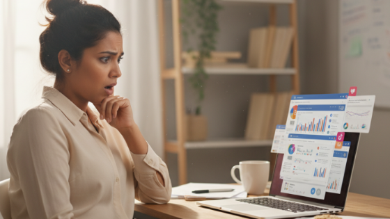 Relatable frustration of a small business owner overwhelmed by data on a laptop.