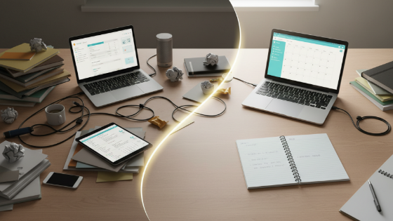 Transition from confusion to clarity: messy desk versus organized workspace.