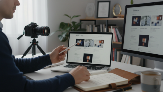Modern workspace with a laptop editing content for credibility in media.