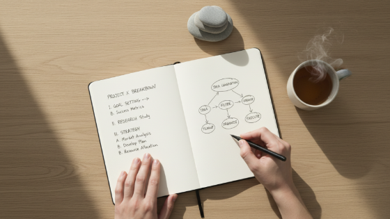 Structured thinking: top-down view of a neat desk with notes and flow diagram.