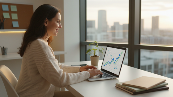 Confident business owner working on a laptop, symbolizing growth and visibility.