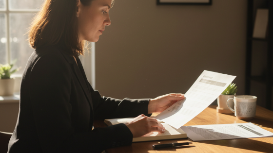 A focused person at a tidy desk, exuding confidence and clarity while reviewing notes.