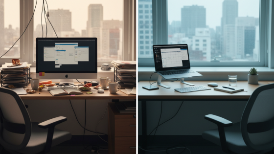 Before vs after outcome of workspace: cluttered vs clean and efficient.