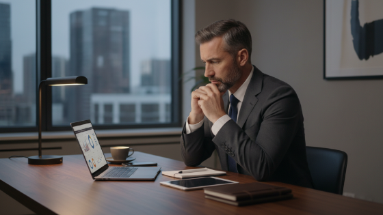 Serious male business owner thoughtfully reviewing notes at a desk.
