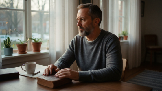 Candid male reflection in soft lighting, capturing a grounded moment.