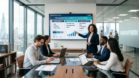 Business professionals gathered around a conference table during a marketing strategy meeting, reviewing brand identity, messaging, and content performance metrics displayed on a large presentation screen in a modern glass-walled office.